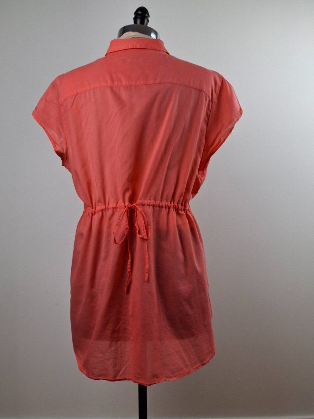 Calvin Klein Sz L Cotton Blouse Coral Orange Capped Sleeve Drawstring Mid Read - Picture 5 of 11
